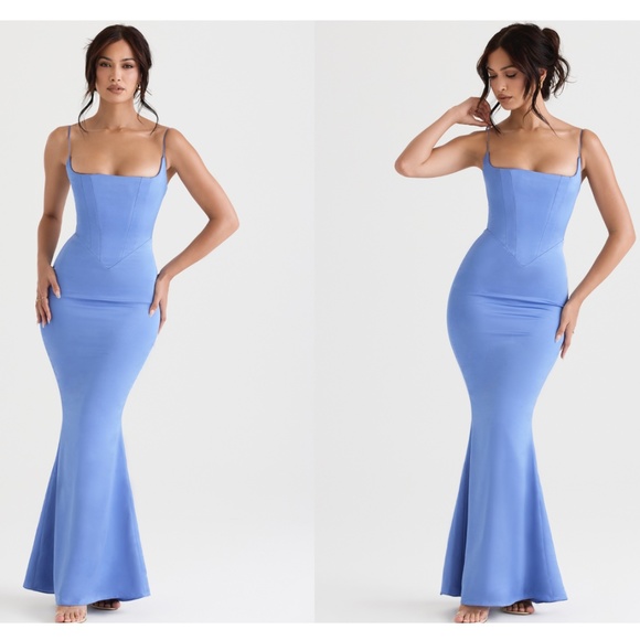 House of CB 'Olivette' Periwinkle Satin‎ Corset Maxi Dress NWOT size M